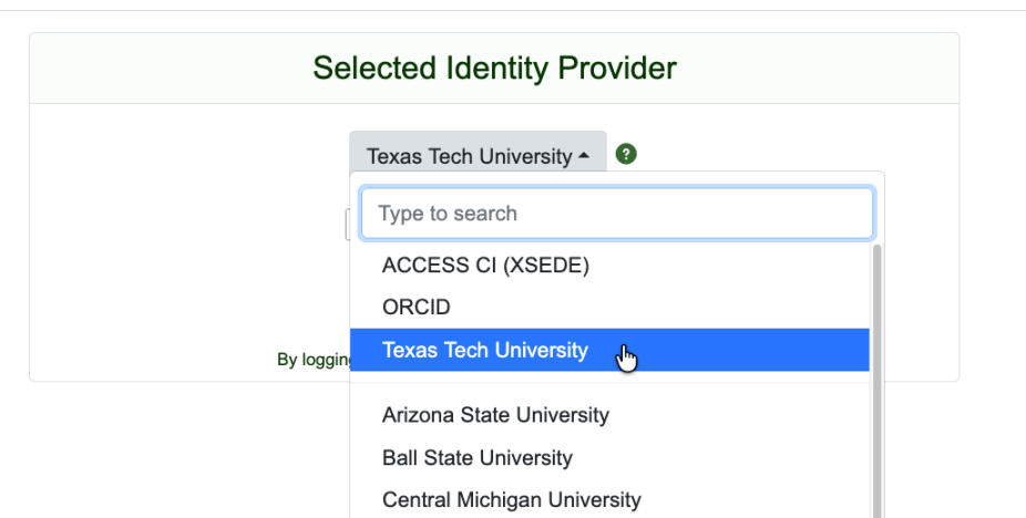 Selecting an identity provider with CILogon's dropdown menu. A search bar allows you to filter by name.